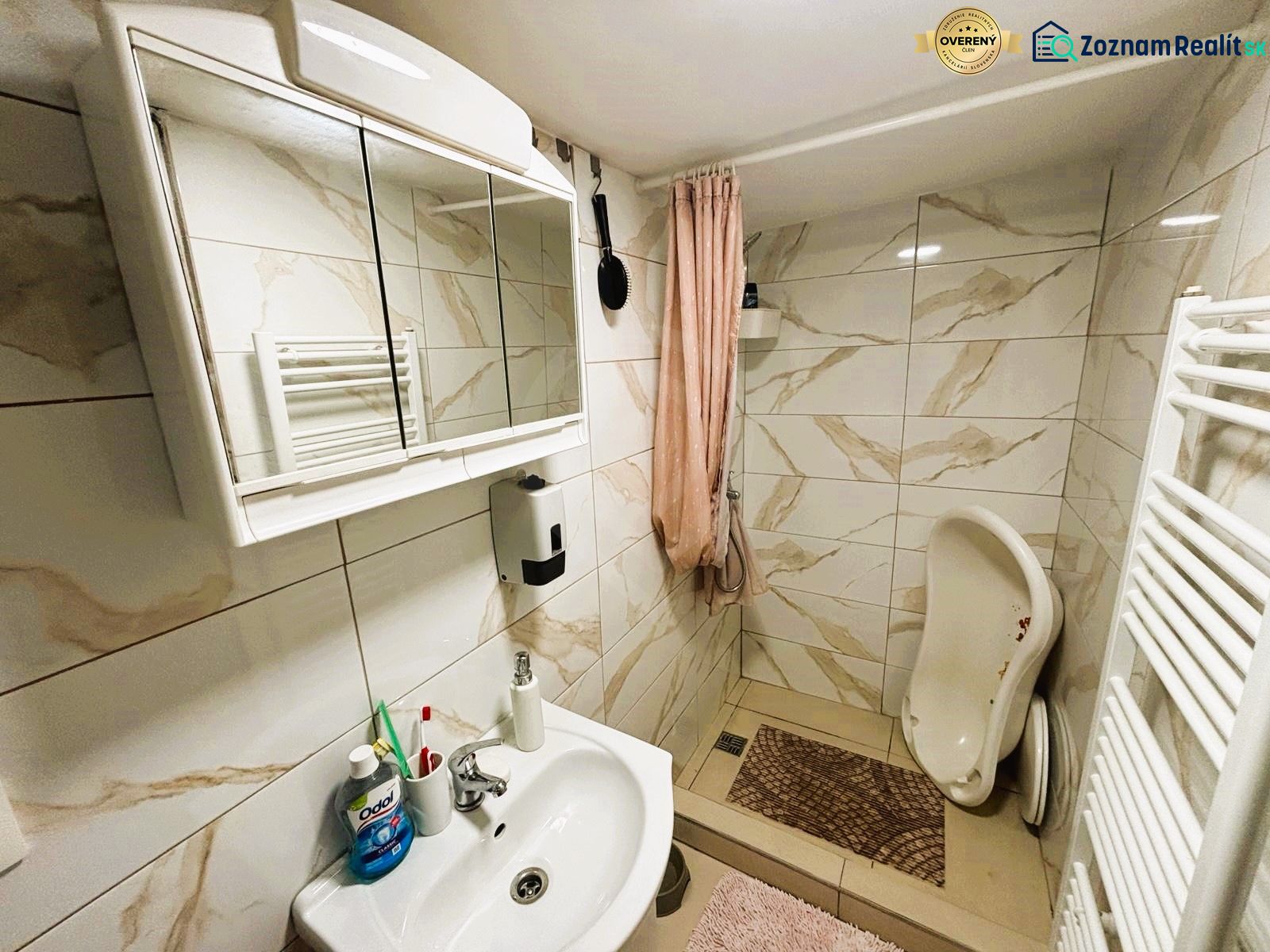 Celoročne obývateľná chata v Gabčíkove na 150 m² pozemku pri Dunaji - Kúpeľňa v chate s bielym umývadlom, zrkadlovou skrinkou a sprchovacím kútom.