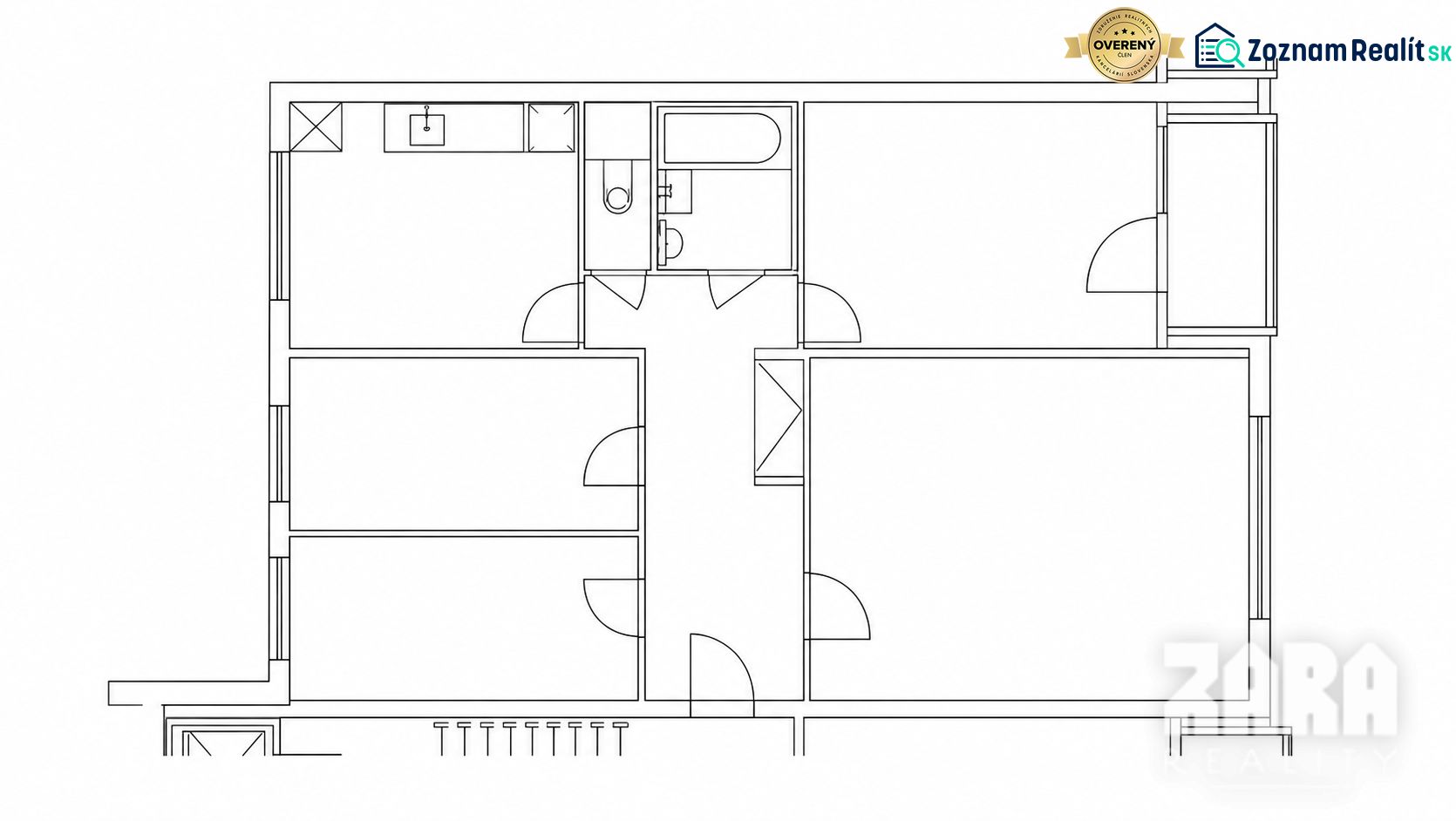 Ťahanovce - 4 izbový byt,  82 m2 + loggia. Krásny výhľad na mesto - Pôdorys 4-izbového bytu s označenými miestnosťami a vstupmi.