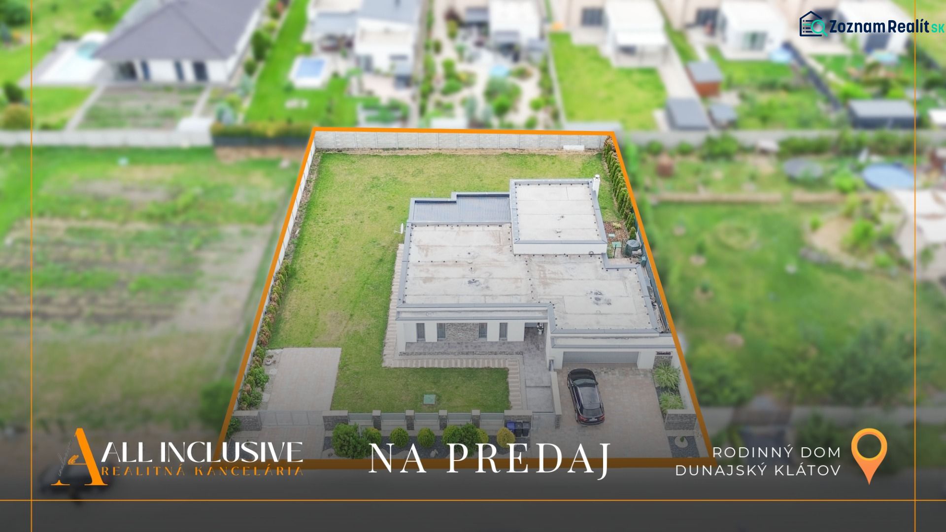 NA PREDAJ NADŠTANDARDNÁ 4-IZB. NOVOSTAVBA, DUN. KLÁTOV - Rodinný dom na predaj v Dunajskom Klátove z vtáčej perspektívy, ohraničený pozemok.