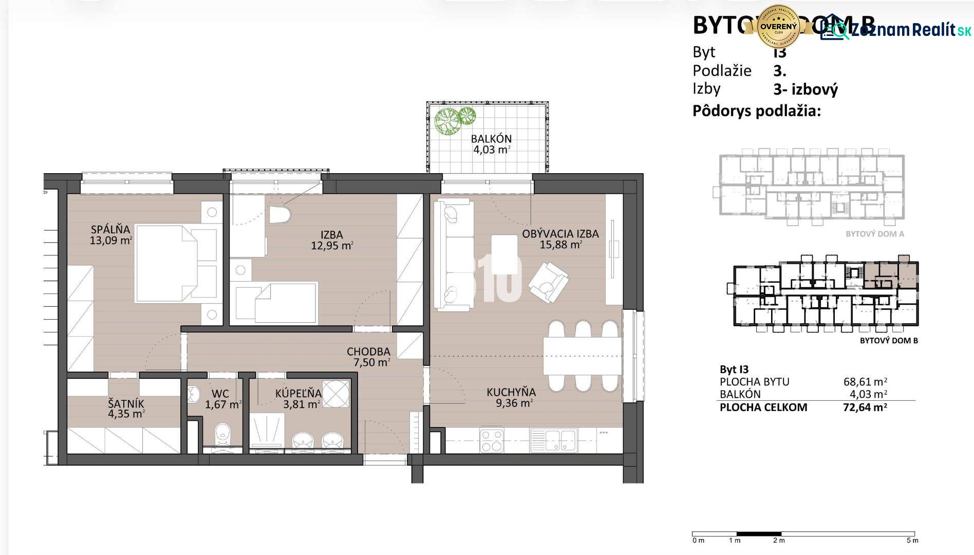 3 izbový byt na prenájom v novostavbe Byty-Košúty - Pôdorys 3-izbového bytu s balkónom, rozlohou 72,64 m² a podlahou s dreveným dekorom.