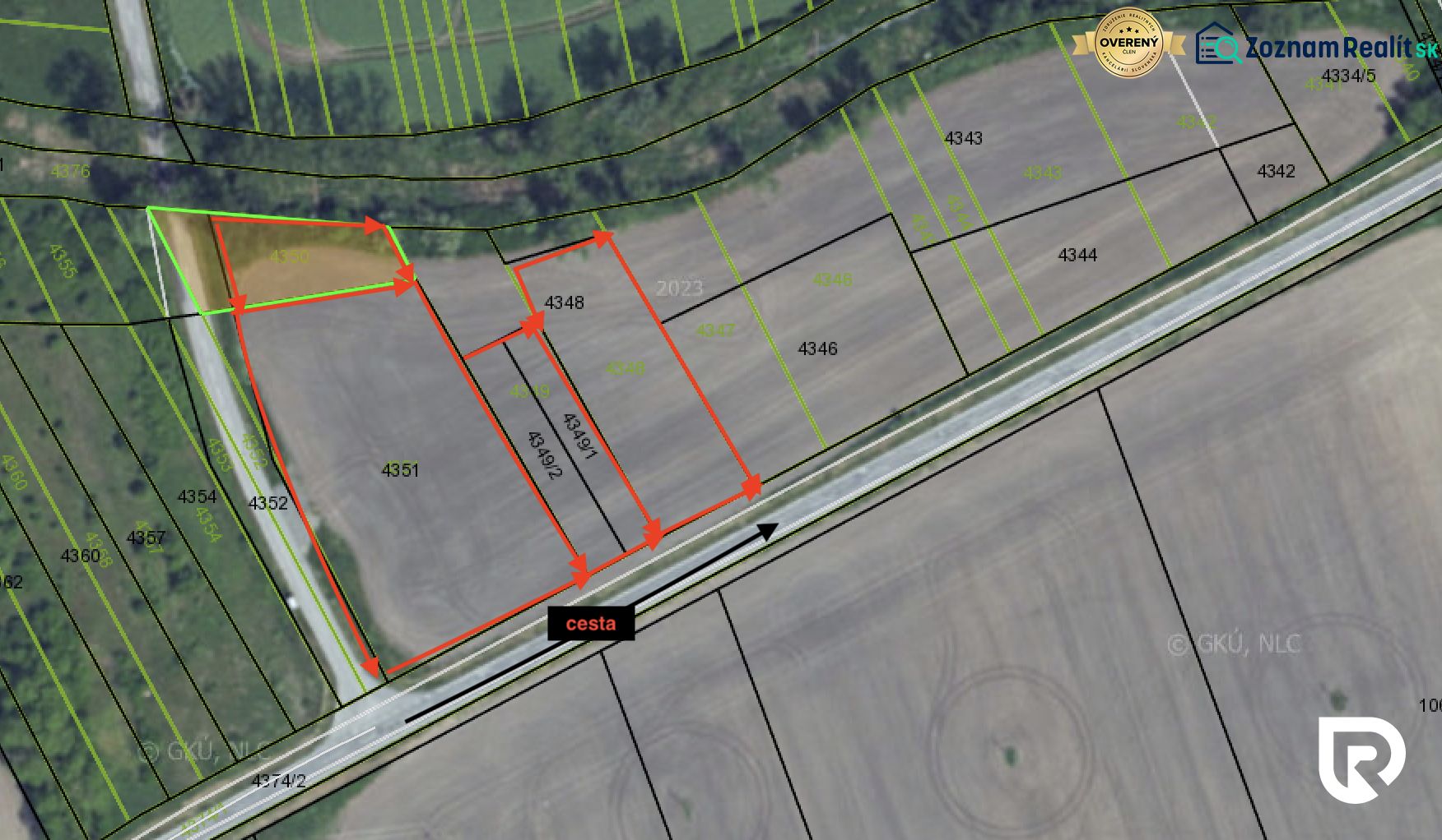 Priemyselné pozemky | 5722 m² + Bonus 2464  | Malacky - Plán pozemkov komerčných účelov v Záhorskej Vsi s vyznačenou cestou a hranicami parcela.