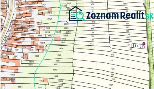 Pozemok o výmere 454 m2, schválený v Územnom pláne na stavbu RD - Detailný pohľad na rozdelenie pozemkov v záhradách v Mastiach v Stupave.