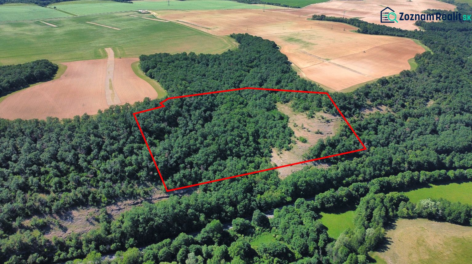 Domaníky – 49.000 m2 LESNÝ REKREAČNÝ POZEMOK v podiele 1/1 - Letecký pohľad na poľnohospodárske a lesné pozemky v okolí Domaníkov.