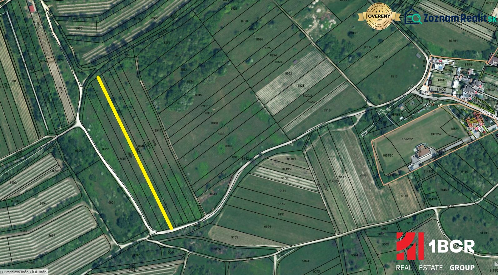 1.BCR | VINICA  S VÝHĽADOM NA MESTO, BRATISLAVA - RAČA - Katastrálna mapa viníc vo Vtáčikovej ceste, Bratislava - Rača, s vyznačeným pozemkom.