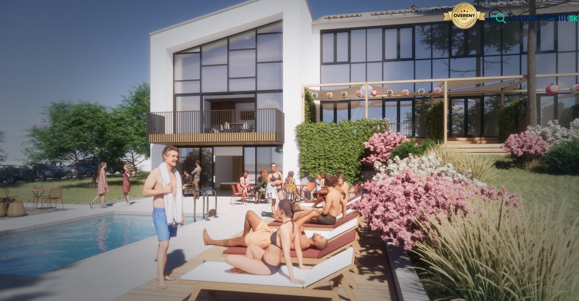 SPILL Apartments Šírava - Predaj apartmánov pri Zemplínskej Šírave - Exteriér rekreačného apartmánu v Zemplínskej Šírave s ľuďmi pri bazéne a záhradou.