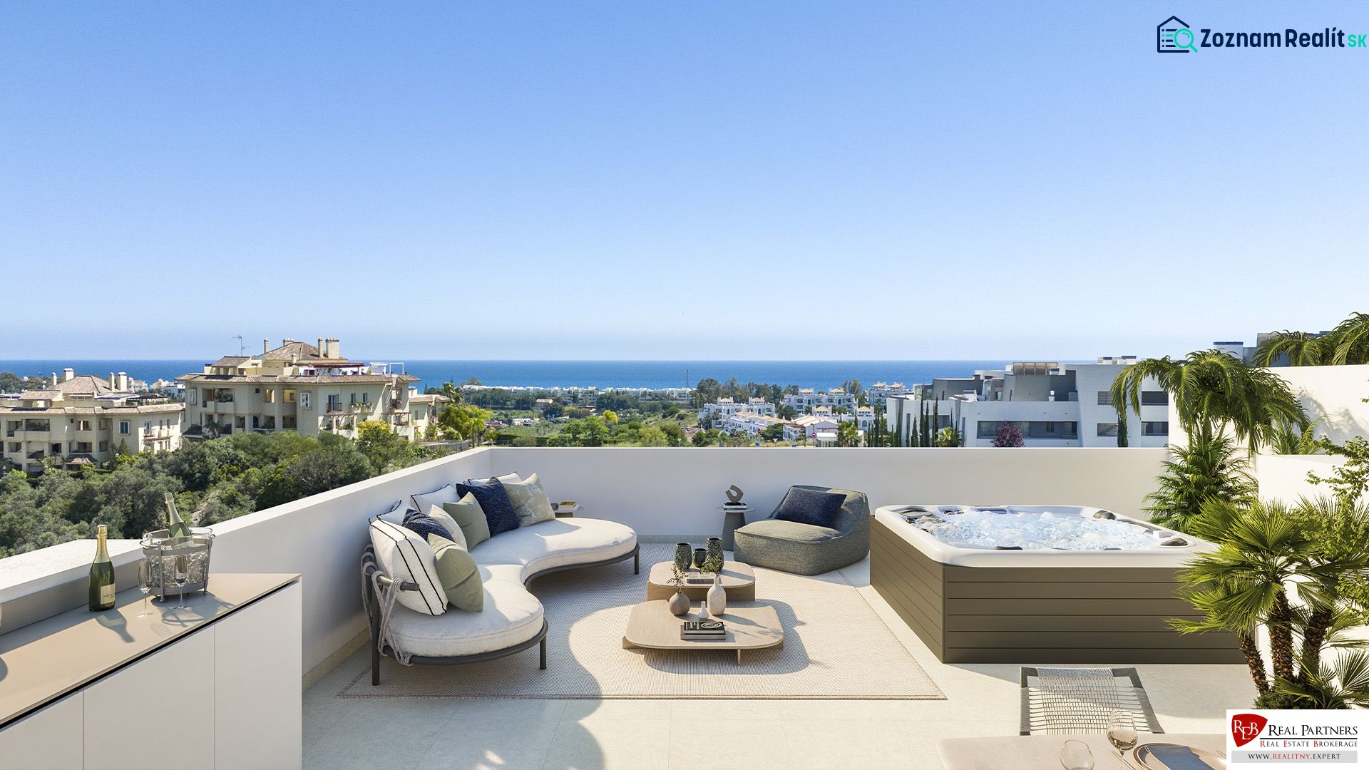 1-izbový apartmán s výhľadom na more, Estepona, Costa del Sol - Terasa v Rekreačnom apartmáne v Estepona s moderným nábytkom, vírivkou a výhľadom na more.