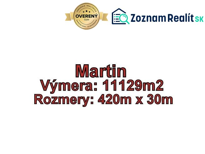 MARTIN-Slnečné Lány pozemok na developerské a komerčné účely 11 129m2 - Ponuka pozemkov na bývanie v Martine, výmera 11129 m², rozmery 420 x 30 m.