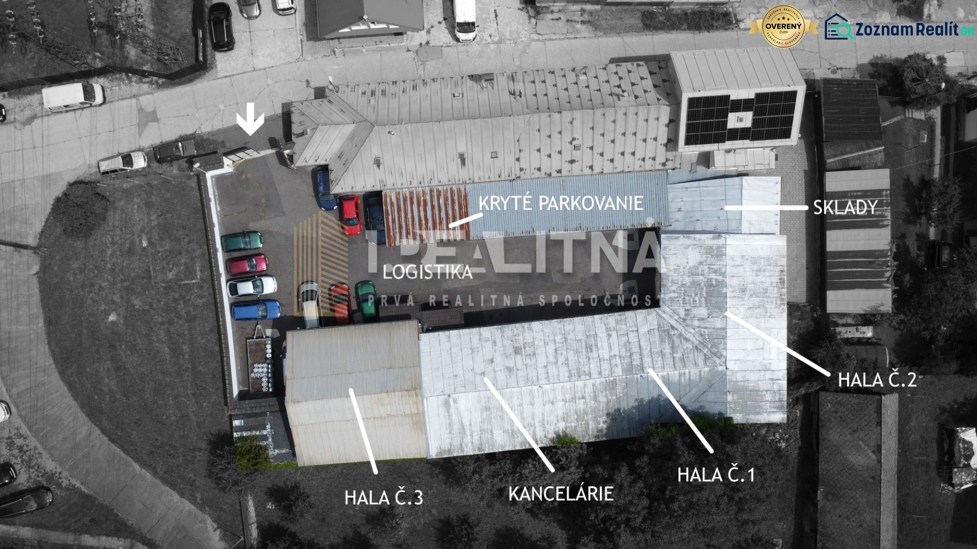Podnikateľský objekt (3 haly, recepcia, kancelária, garáže, logistika) - Letecký pohľad na logistické sklady a haly v Banskej Bystrici s parkovaním.
