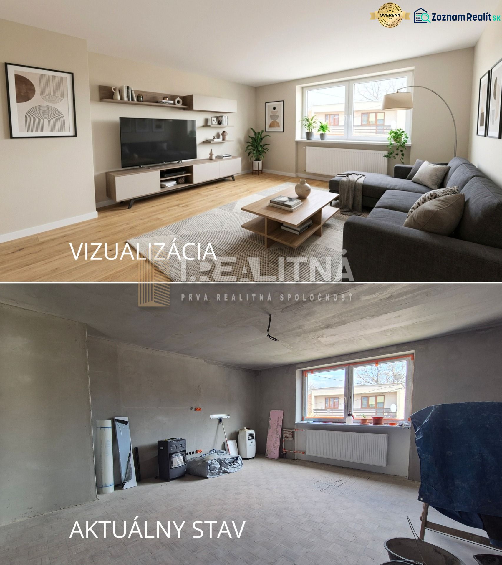 ČIASTOČNE PREROBENÝ RODINNÝ DOM, 156M2, MAJER - Interiér rodinného domu v procese rekonštrukcie s vizualizáciou a aktuálnym stavom priestoru.