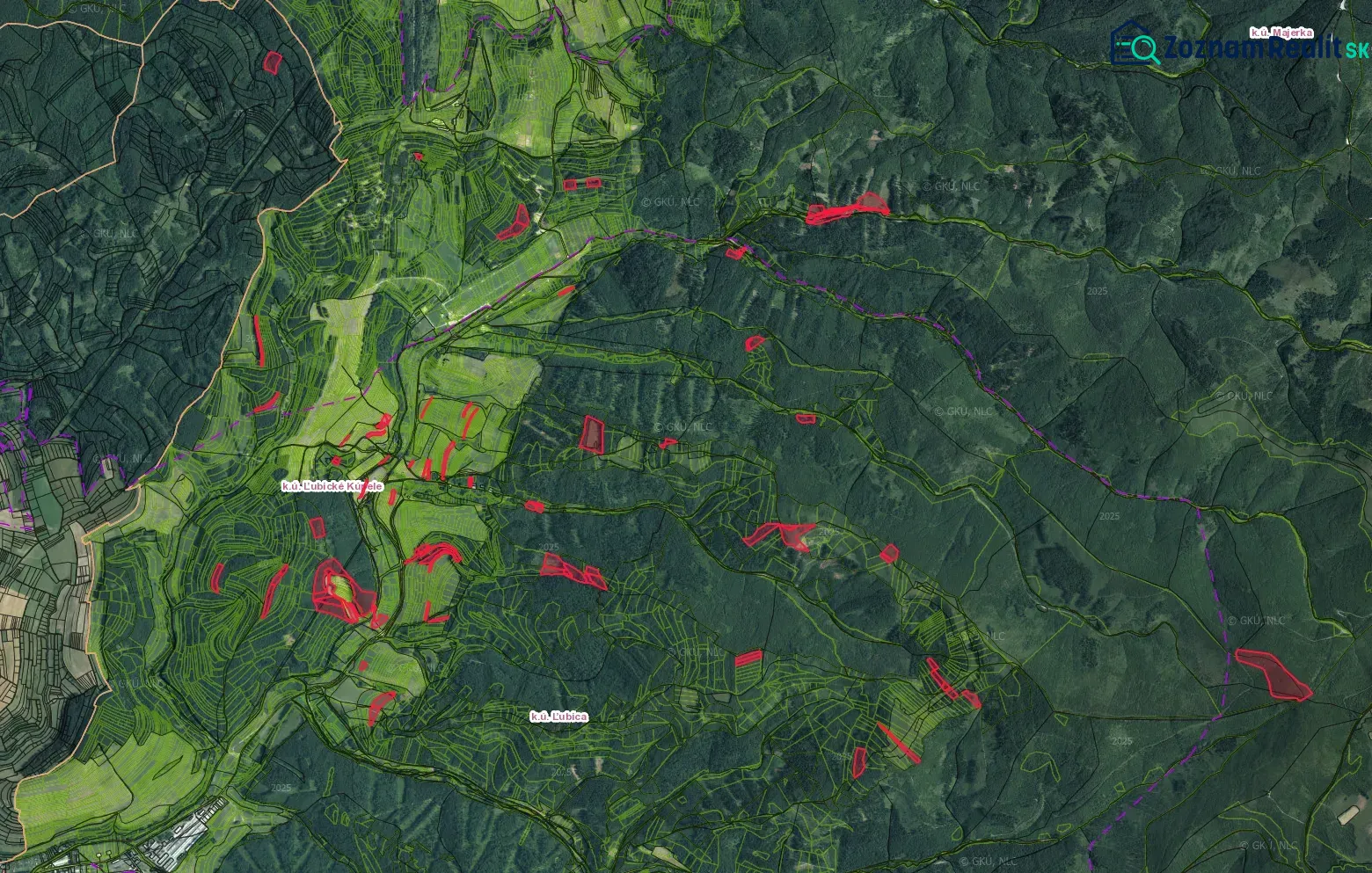 Ľubické kúpele, Ľubica – 3.373 m2 LESY a ORNÁ pôda - Predaj - Letecký pohľad na poľnohospodárske a lesné pozemky v okolí Ľubice s označením hraníc.