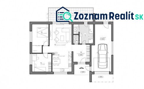 4. ETAPA!!! MODERNÁ NOVOSTAVBA - 3 izbový nízkoenergetický bungalov vy - Pôdorys rodinného domu zobrazuje dve izby, obývaciu miestnosť, kuchyňu a garáž.