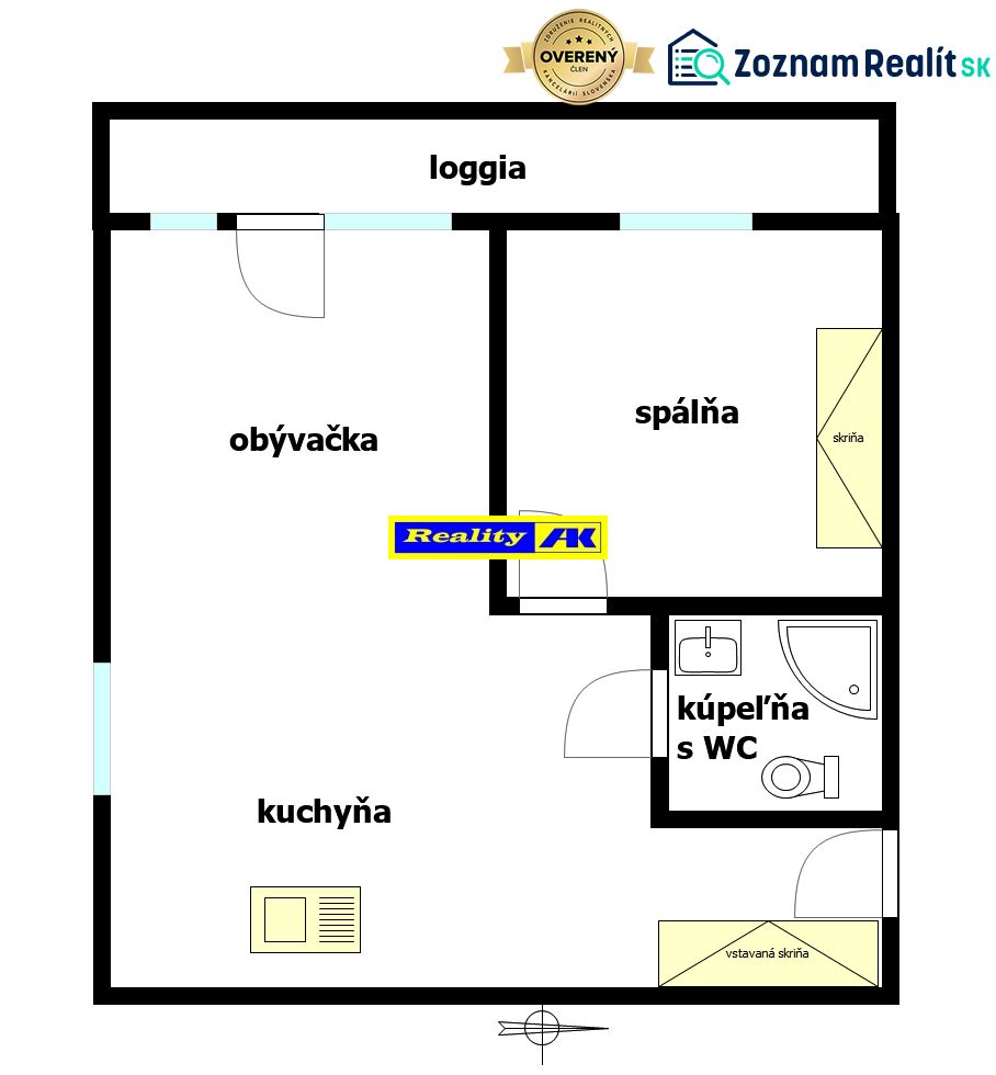 2 izbový byt na prenájom Vrútky, zariadený - Pôdorys 2-izbového bytu s loggiou, obývačkou, kuchyňou a kúpeľňou s WC.