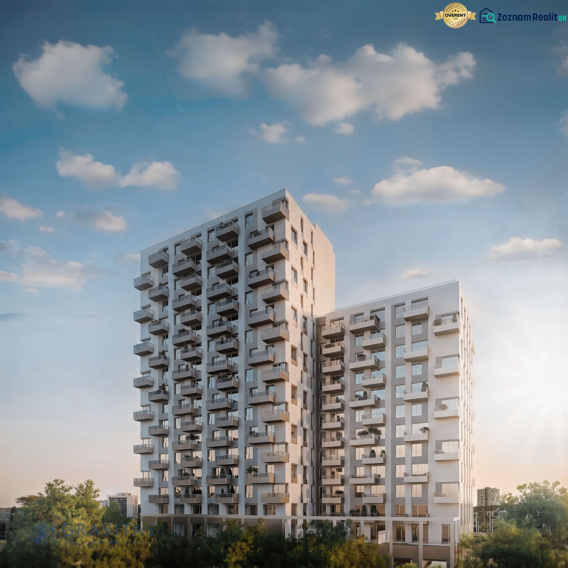 2-izbový byt s predzáhradkou, Brenner – Residence | Ružinov - Výšková budova na Mlynských Nivách v Bratislave - Ružinove s balkónmi a zeleňou.