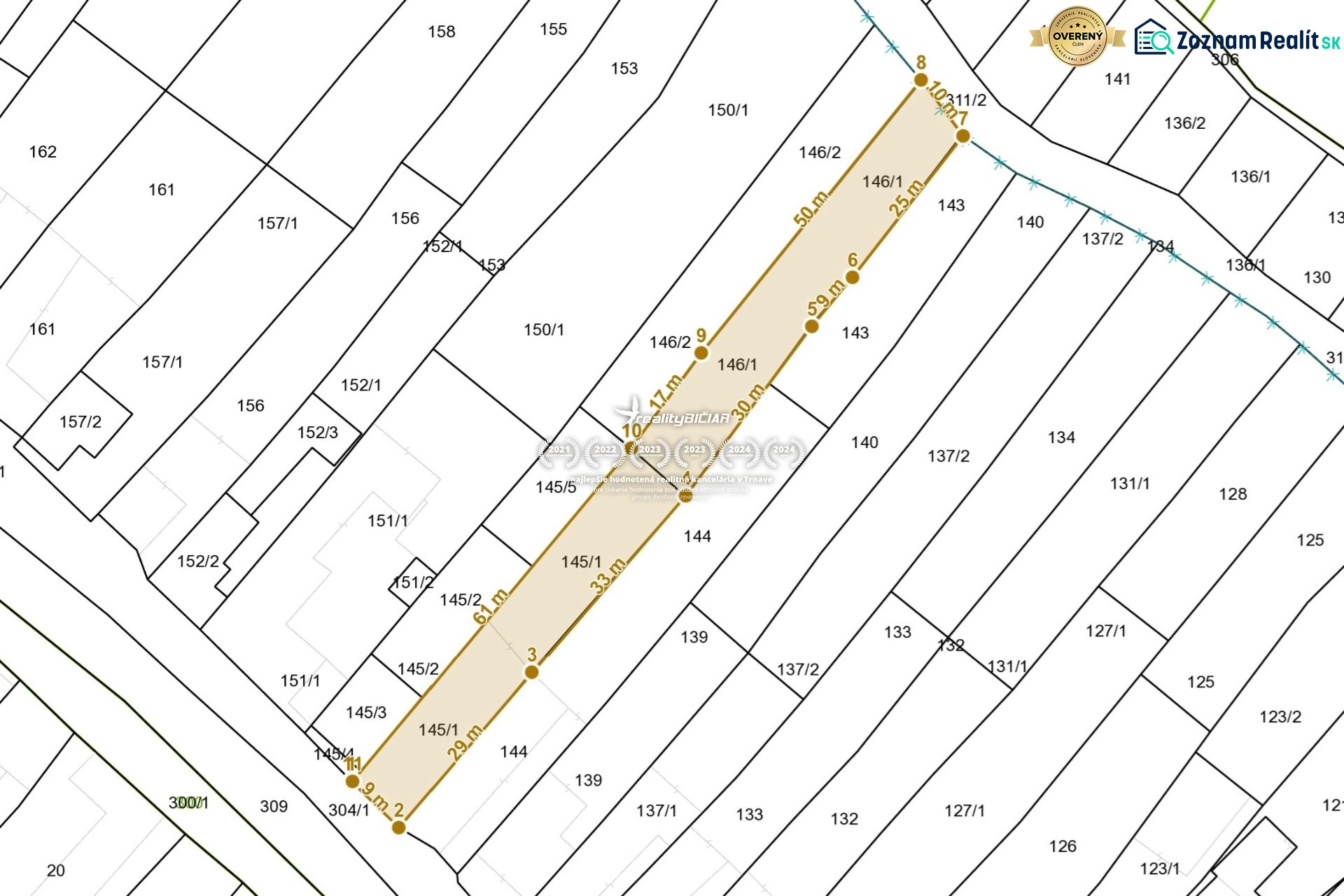 Stavebný pozemok 1222m² v obci Košolná - Katastrálna mapa Pozemky - bývanie v Košolnej, s vyznačením parciel a rozmerov na Košolnej.