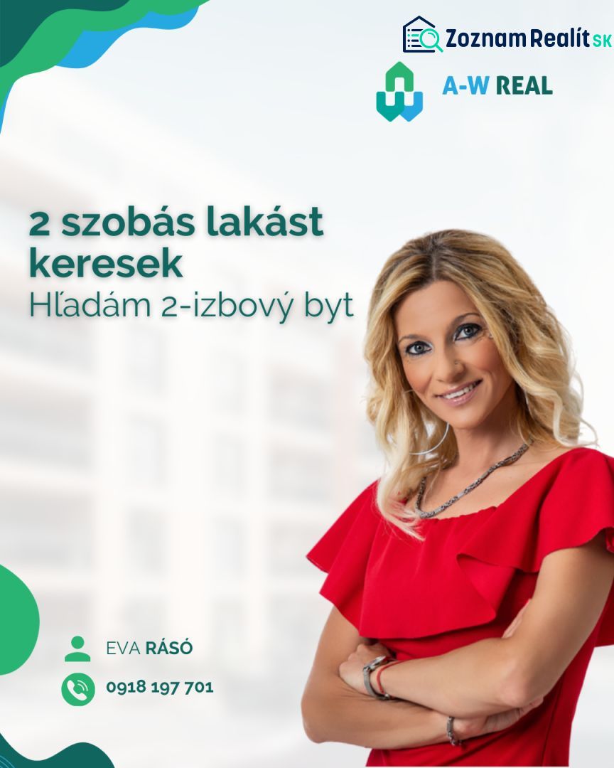 PREDAJ A PRENÁJOM NEHNUTEĽNOSTI V OKRESE DUNAJSKÁ STREDA - Žena v červenom šate a logo A-W Real na bledom pozadí.