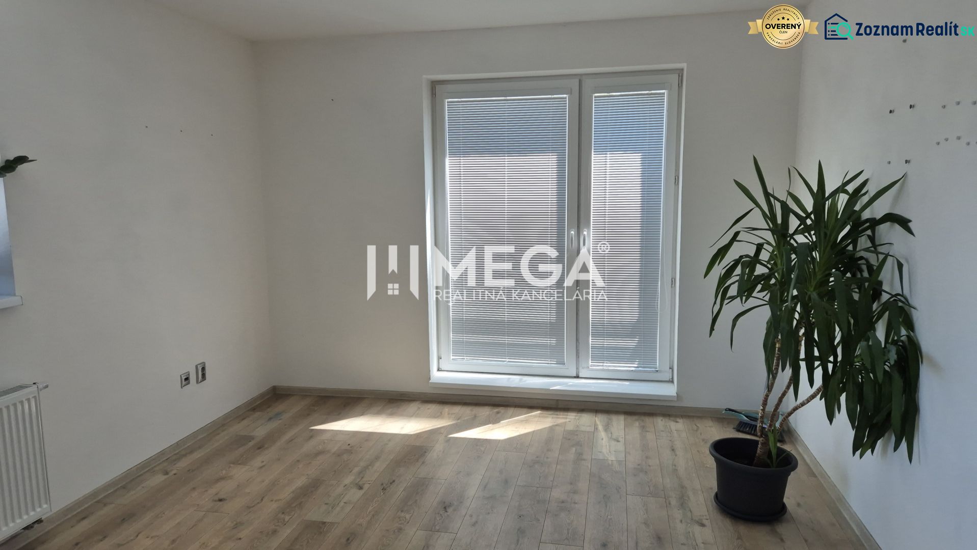 PRENÁJOM kancelárie blízko centra Humenného (20,53 m2) - Kancelária s rastlinou, podlaha s dreveným dekorom a balkónové dvere so žalúziami.