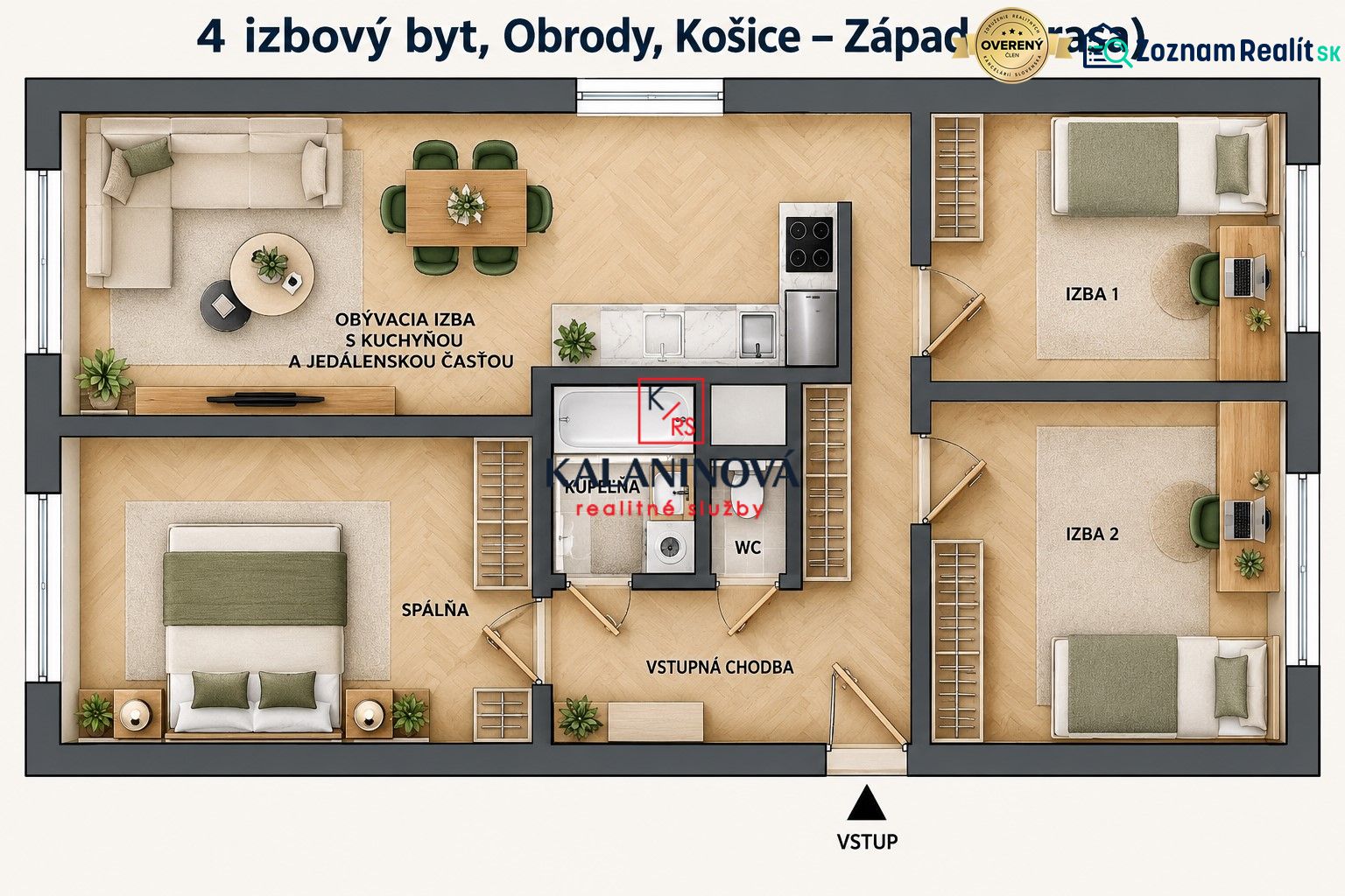 PRIPRAVUJEME: 4 izb. novorekonštruovaný byt, Košice - Terasa, Obrody - Pôdorys 4-izbového bytu s podlahou s dreveným dekorom zahŕňa izby a kuchyňu.