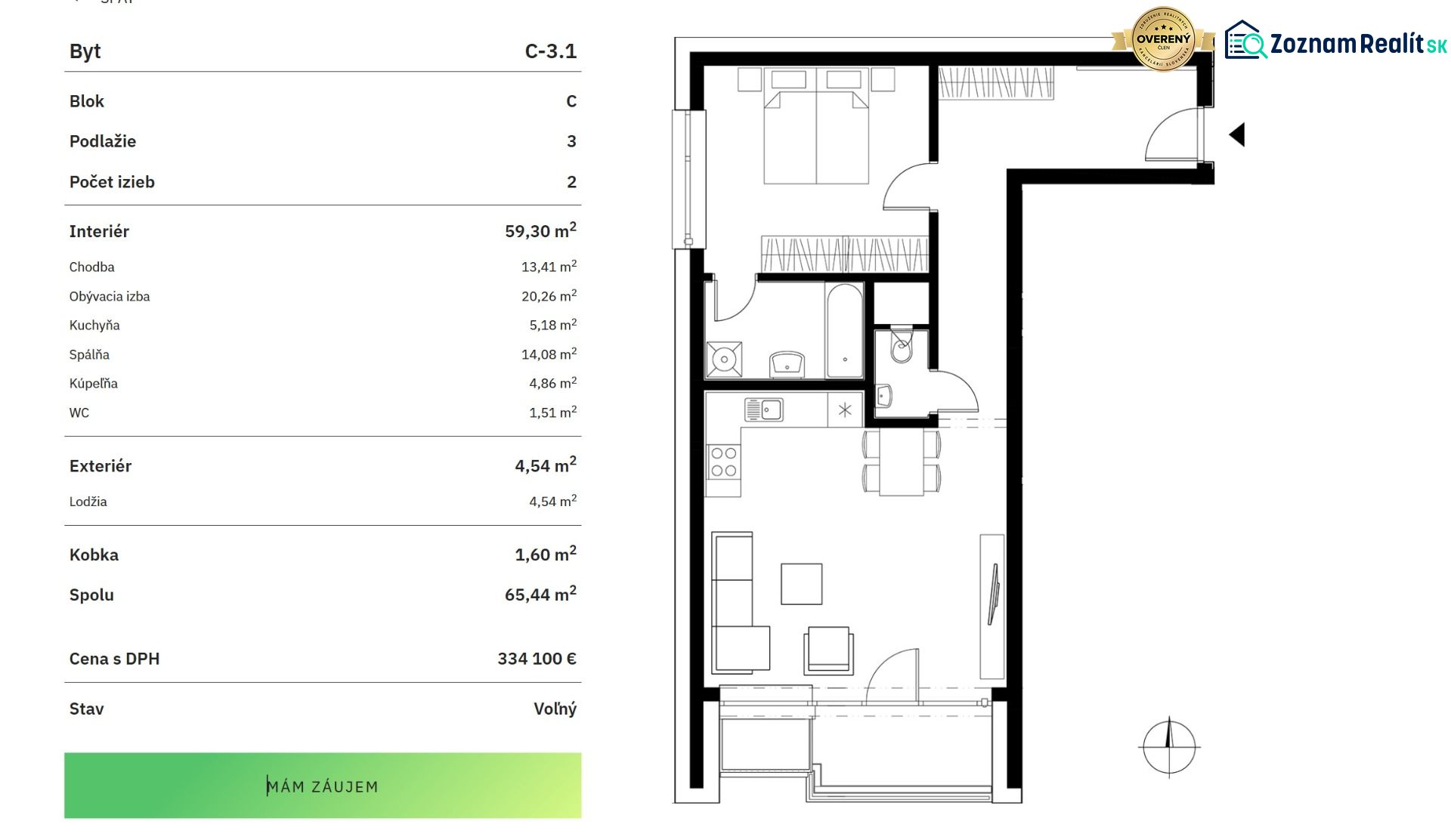 2 izbový byt 65 m² | Greencorner  | Bratislava-Nové mesto - Pôdorys 2-izbového bytu s rozlohou 59,30 m² a lodžiou 4,54 m².
