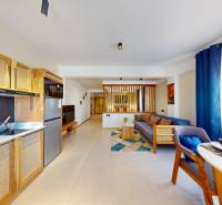 APARTMÁN NA PREDAJ V PAJE, ZANZIBAR - Interiér a 1-izbový byt s drevenými prvkami, farebným nábytkom a praktickou kuchynskou linkou.