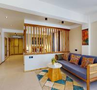 APARTMÁN NA PREDAJ V PAJE, ZANZIBAR - Pohľad na obývačku v a 1-izbovom byte, so stoličkou a drevenými detailami v interiéri.