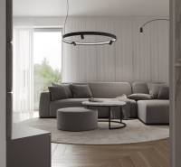 Novostavba: 2-izbový byt, 12 km od Viedne, Münichsthal - Šedá pohovka s kruhovým stolíkom v obývačke s výhľadom na zeleň.