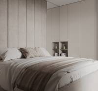 Novostavba: 2-izbový byt, 12 km od Viedne, Münichsthal - Elegantná spálňa s textilnou stenou, pohodlnou posteľou a vstavanou skriňou v 2-izbovom byte.