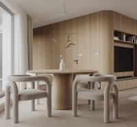 Novostavba: 2-izbový byt, 12 km od Viedne, Münichsthal - Minimalistický interiér s dreveným nábytkom, okrúhlym stolíkom a svetlými závesmi.