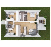 Na predaj nový 4-izbový rodinný dom (Typ ALEX-51) - Pôdorys moderného bungalovu s izbou, kúpeľňou, kuchyňou a obývačkou, vhodný pre rodinný dom.