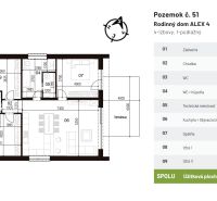Na predaj nový 4-izbový rodinný dom (Typ ALEX-51) - Pôdorys obsahuje zádverie, chodbu, kuchyňu, obyvaciu izbu a tri izby rodinného domu.