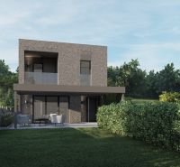 Stavebné pozemky s projektom 2 samostatných RD v obci Baška-časť Maša - Dom s tehlovou fasádou a terasou obklopenou zeleňou ponúka komfortné bývanie.