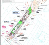 Stavebné pozemky s projektom 2 samostatných RD v obci Baška-časť Maša - Stavebný plán pre Pozemky - bývanie v Baške, so zelenými plochami a označenými bodmi.