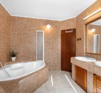 Priestranný 7-izbový dom na skok od centra – Senec - Kúpeľňa v rodinnom dome s hnedými obkladmi, vaňou a dvojitým umývadlom.