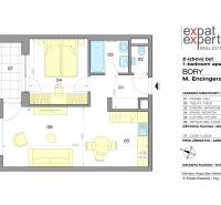 Krásny, elegantný 2i byt 52m2, lodžia, A/C, parking, BORY NA HRÁDZI - Pôdorys 2-izbového bytu s chodbou, spálňou, kúpeľňou, obývacou izbou a kuchyňou.