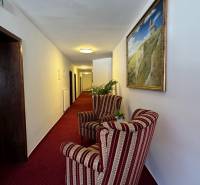 NA PREDAJ hotel s reštauráciou - Chodba s dvoma kreslami, obrazom, červeným kobercom v hoteli. Tradičný hotelový interiér.