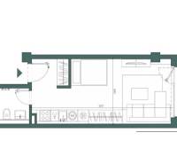 PRENÁJOM- 1i byt, klima, parking, loggia,Olivia Residence, Rožňavska - Pôdorys 1-izbového bytu s kuchyňou, sedačkou a kúpeľňou.