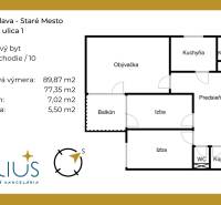 BÝVANIE NA HRADOM KOPCI - 3i byt, 90 m2 s balkónom, SVETLÁ ulica - Pôdorys 3-izbového bytu na Svetlej ulici v Bratislave. Celková výmera 89,87 m².