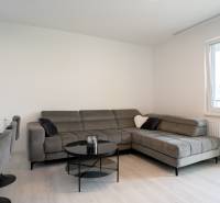 ZARIADENÝ - 3i v novostavbe 76 m2 + balkon - Trenčín - Obývacia izba v 3-izbovom byte s pohodlnou sivou sedacou súpravou a balkónom.