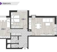 ZARIADENÝ - 3i v novostavbe 76 m2 + balkon - Trenčín - Pôdorys 3-izbového bytu s obývačkou, kuchyňou a dvomi izbami.