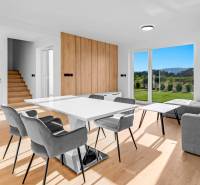REZERVOVANÉ Krásny 4i RD 105m2, smart systém, záhrada, úplne nový - Jedáleň s veľkým stolom a kreslami, výhľad na záhradu, Rodinný dom.