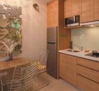 1 IZBOVÝ APARTMÁN A (1 SPÁLŇA + 1 OBÝV. IZBA) CITY GARDEN OLYMPUS  - Kuchyňa v 2-izbovom byte so zrkadlom a šedými stoličkami.