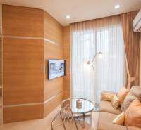 1 IZBOVÝ APARTMÁN A (1 SPÁLŇA + 1 OBÝV. IZBA) CITY GARDEN OLYMPUS  - Obývacia izba v 2-izbovom byte, sedenie, záclony, TV a drevený obklad steny.