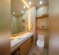 1 IZBOVÝ APARTMÁN A (1 SPÁLŇA + 1 OBÝV. IZBA) CITY GARDEN OLYMPUS  - Kúpeľňa v 2-izbovom byte s vaňou, umývadlom a toaletou, drevené a keramické detaily.