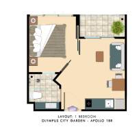 1 IZBOVÝ APARTMÁN A (1 SPÁLŇA + 1 OBÝV. IZBA) CITY GARDEN OLYMPUS  - Pôdorys 2-izbového bytu s balkónom, kuchyňou, kúpeľňou a spálňou.