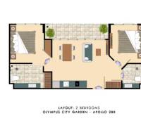 2 IZBOVÝ APARTMÁN A (2 SPÁLNE + 1 OBÝV. IZBA) CITY GARDEN OLYMPUS  - Pôdorys 3-izbového bytu s dvoma spálňami, kuchyňou, obývačkou, terasou a dvoma kúpeľňami.