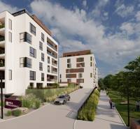 2i byt  A.3.1 - Bell Residence - Moderné budovy s terasami, autami a chodcami v parku na ulici Suchoňova.