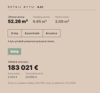 2i byt  A.3.1 - Bell Residence - 2-izbový byt s úžitkovou plochou 52,26 m² na 3. poschodí A budovy.