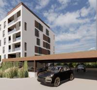 2i byt  A.3.1 - Bell Residence - Vizualizácia budovy s parkoviskom, ulica Suchoňova, ideálna pre 1-izbový byt záujemcov.