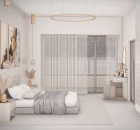 Posledný 3 izbový byt Bell Residence B.6.3. - Spálňa v neutrálnych tónoch s veľkými oknami a posteľou na ulici Suchoňova.