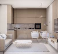 1,5 i byt BELL RESIDENCE B.2.4. - 1-izbový byt na Suchoňovej: útulná obývačka s kuchyňou, jedálenským kútom a modernými prvkami.