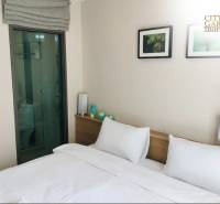 1 IZBOVÝ APARTMÁN (1 SPÁLŇA + 1 OBÝV. IZBA) CITY GARDEN TROPICANA  - Interiér 2-izbového bytu s posteľou, dekoráciou a vstavanou kúpeľňou za sklenenými dverami.